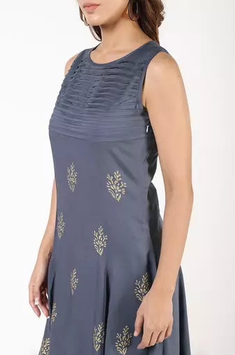 Rayon block print flared kurta,grey,(s,m,l,xl,2xl,3xl)
