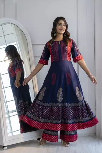 Rayon block print anarkali palazzo set,navy blue,(s,m,l,xl,2xl,3xl)
