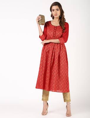 Cotton block print flared kurta,red,(s,m,l,xl,2xl,3xl) 1