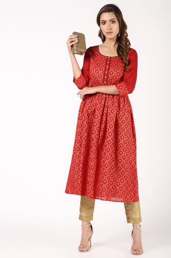 Cotton block print flared kurta red