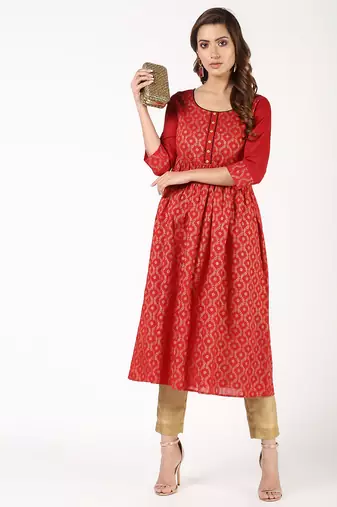 Cotton block print flared kurta,red,(s,m,l,xl,2xl,3xl)