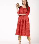 Cotton block print flared kurta,red,(s,m,l,xl,2xl,3xl)