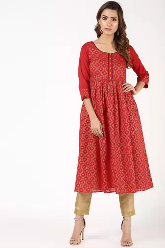 Cotton block print flared kurta,red,(s,m,l,xl,2xl,3xl)