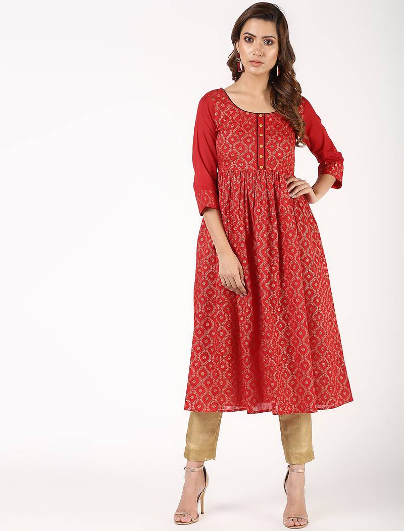 Cotton block print flared kurta,red,(s,m,l,xl,2xl,3xl)