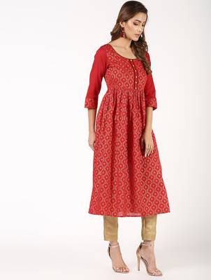 Cotton block print flared kurta,red,(s,m,l,xl,2xl,3xl) 3