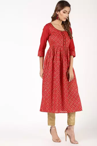 Cotton block print flared kurta,red,(s,m,l,xl,2xl,3xl)