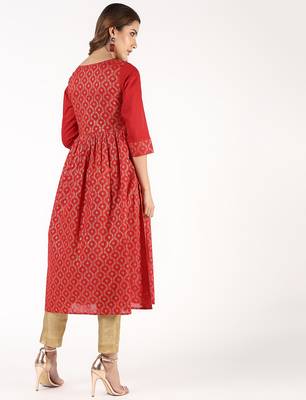 Cotton block print flared kurta,red,(s,m,l,xl,2xl,3xl) 4