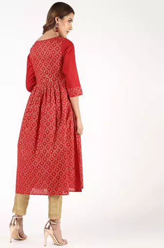 Cotton block print flared kurta,red,(s,m,l,xl,2xl,3xl)