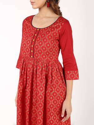 Cotton block print flared kurta,red,(s,m,l,xl,2xl,3xl) 5