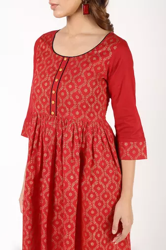 Cotton block print flared kurta,red,(s,m,l,xl,2xl,3xl)