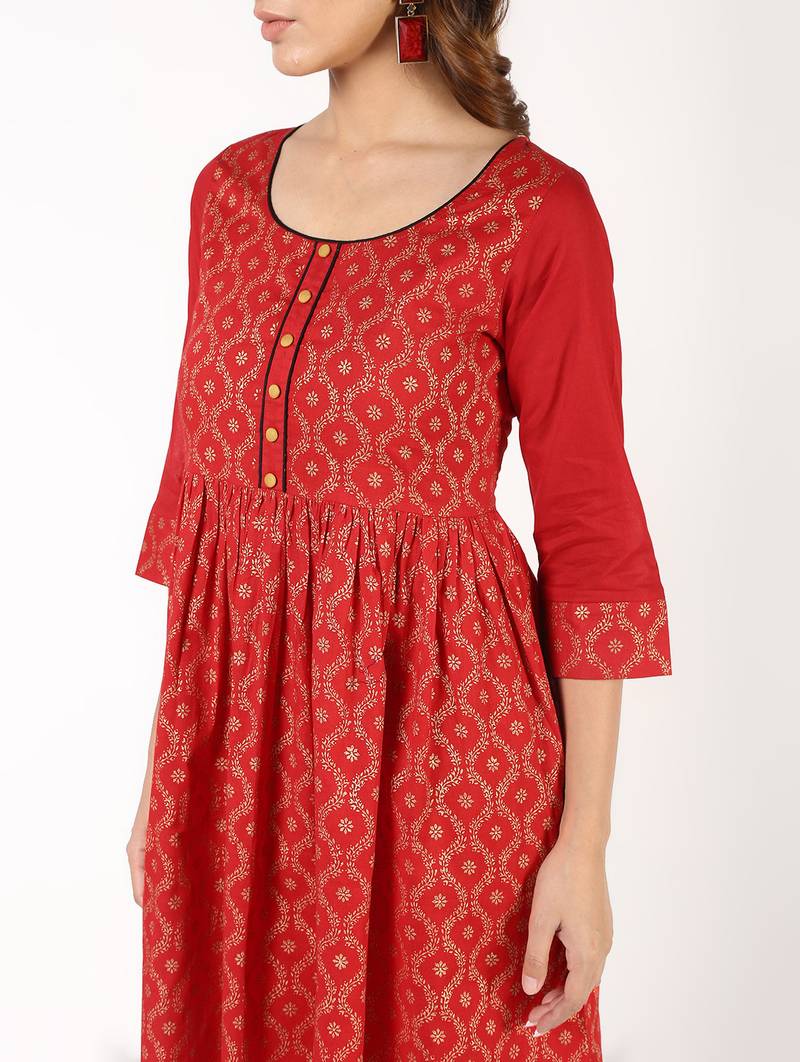 Cotton block print flared kurta,red,(s,m,l,xl,2xl,3xl)