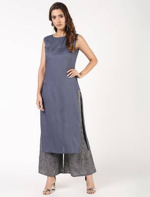 Rayon solid pintucks kurta with gold print palazzo set,grey,(s,m,l,xl,2xl,3xl) 1