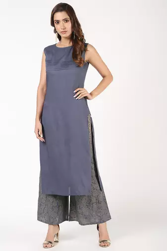 Rayon solid pintucks kurta with gold print palazzo set,grey,(s,m,l,xl,2xl,3xl)