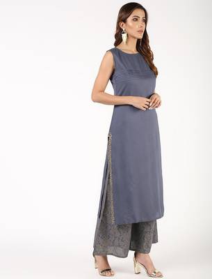 Rayon solid pintucks kurta with gold print palazzo set,grey,(s,m,l,xl,2xl,3xl) 2