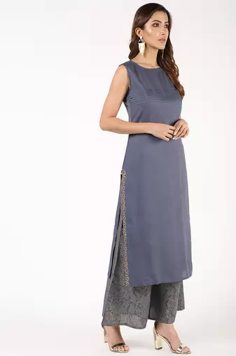 Rayon solid pintucks kurta with gold print palazzo set,grey,(s,m,l,xl,2xl,3xl)