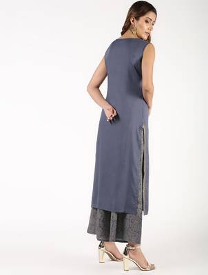 Rayon solid pintucks kurta with gold print palazzo set,grey,(s,m,l,xl,2xl,3xl) 3
