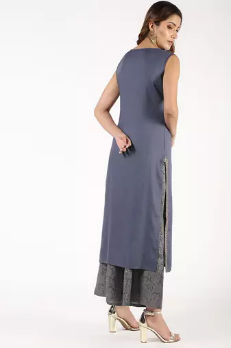 Rayon solid pintucks kurta with gold print palazzo set,grey,(s,m,l,xl,2xl,3xl)