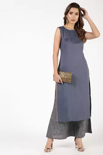 Rayon solid pintucks kurta with gold print palazzo set,grey,(s,m,l,xl,2xl,3xl)