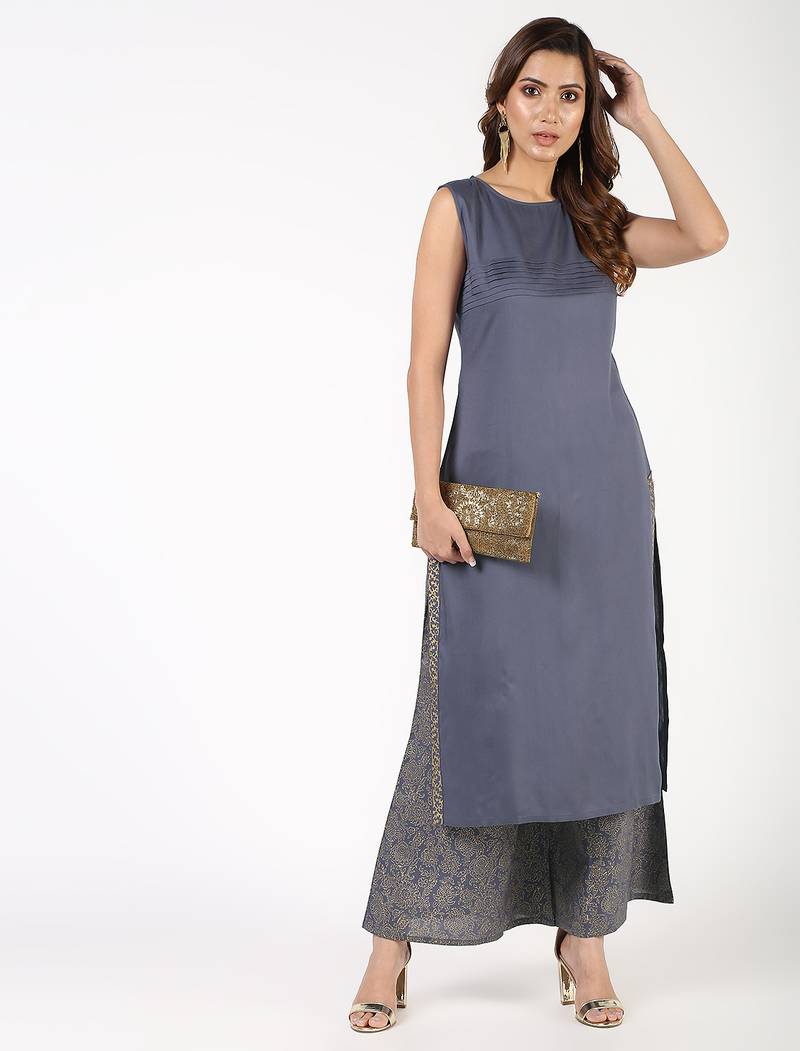 Rayon solid pintucks kurta with gold print palazzo set,grey,(s,m,l,xl,2xl,3xl)