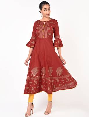 Cotton gold print flared anarkali kurta,maroon,(s,m,l,xl,2xl,3xl) 1