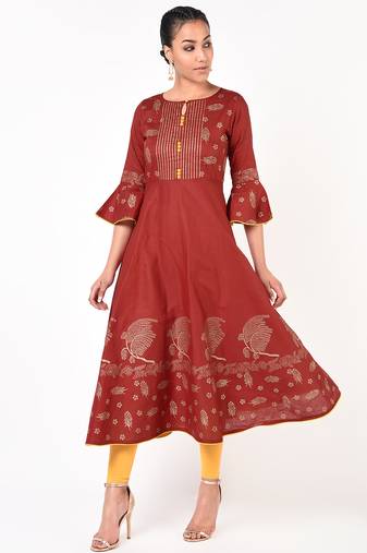 Cotton gold print flared anarkali kurta maroon