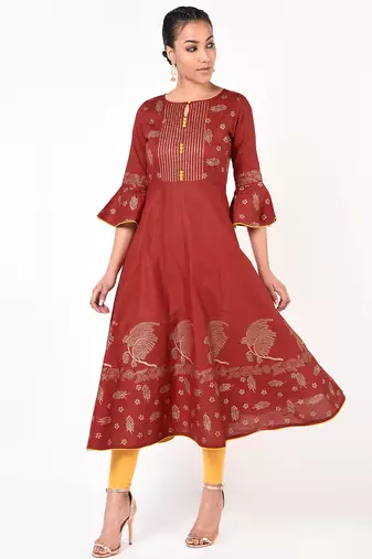 Cotton gold print flared anarkali kurta,maroon,(s,m,l,xl,2xl,3xl)