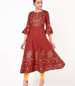 Cotton gold print flared anarkali kurta,maroon,(s,m,l,xl,2xl,3xl)