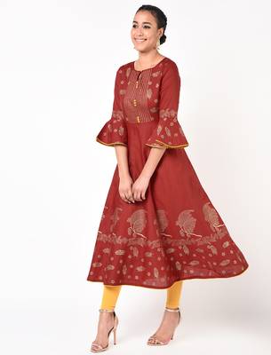 Cotton gold print flared anarkali kurta,maroon,(s,m,l,xl,2xl,3xl) 2