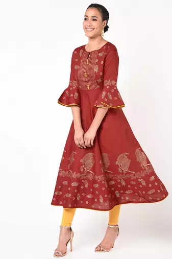 Cotton gold print flared anarkali kurta,maroon,(s,m,l,xl,2xl,3xl)