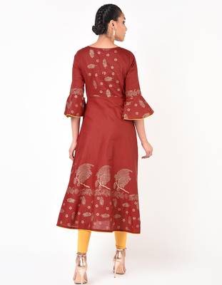 Cotton gold print flared anarkali kurta,maroon,(s,m,l,xl,2xl,3xl) 3