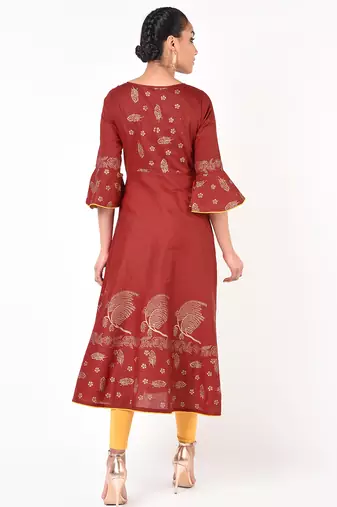 Cotton gold print flared anarkali kurta,maroon,(s,m,l,xl,2xl,3xl)