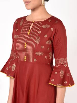 Cotton gold print flared anarkali kurta,maroon,(s,m,l,xl,2xl,3xl) 4
