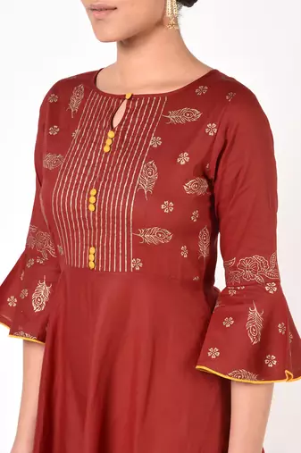 Cotton gold print flared anarkali kurta,maroon,(s,m,l,xl,2xl,3xl)