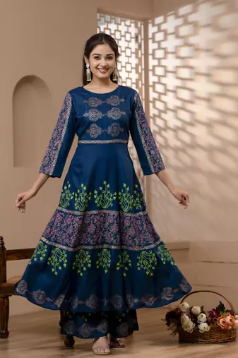 Rayon solid pintucks kurta with gold print palazzo set,blue,(s,m,l,xl,2xl,3xl)