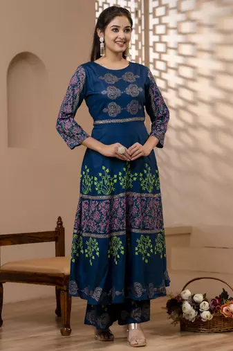 Rayon solid pintucks kurta with gold print palazzo set,blue,(s,m,l,xl,2xl,3xl)