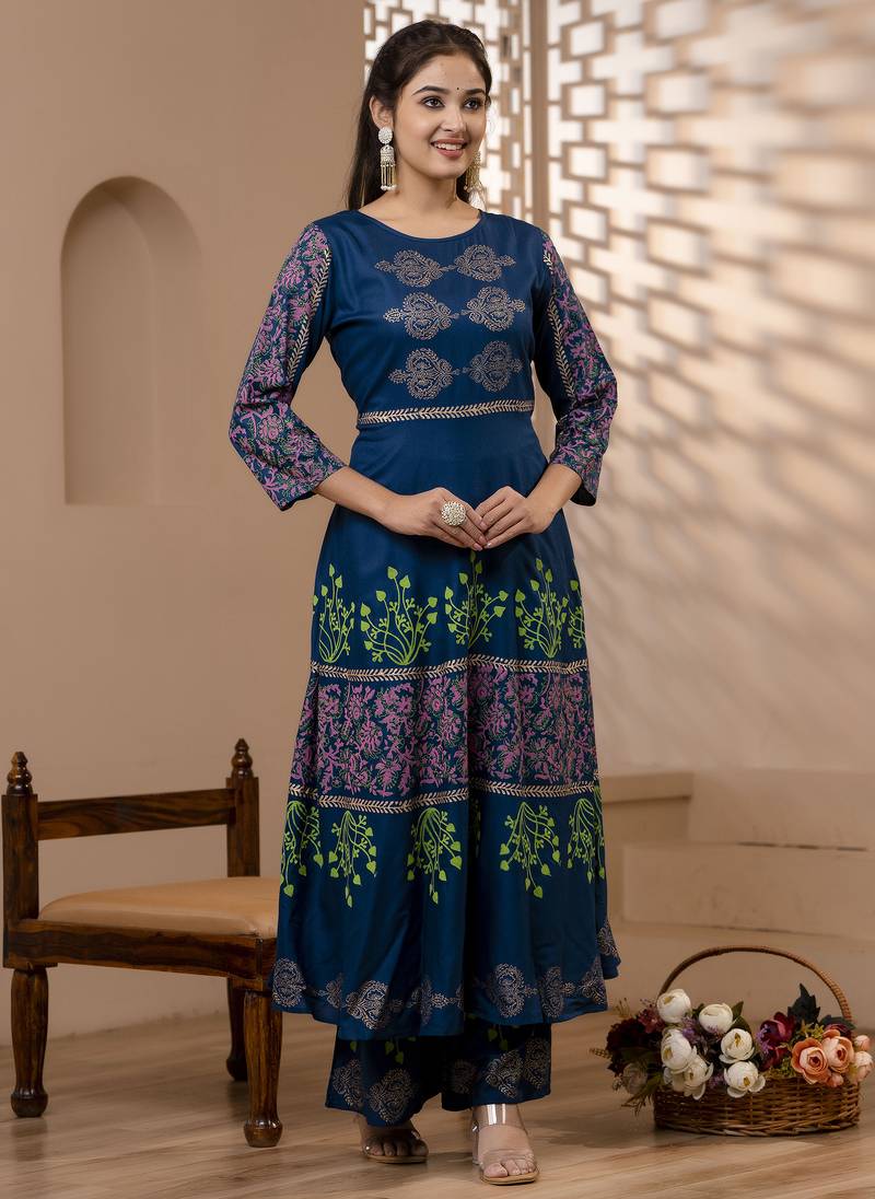 Rayon solid pintucks kurta with gold print palazzo set,blue,(s,m,l,xl,2xl,3xl)