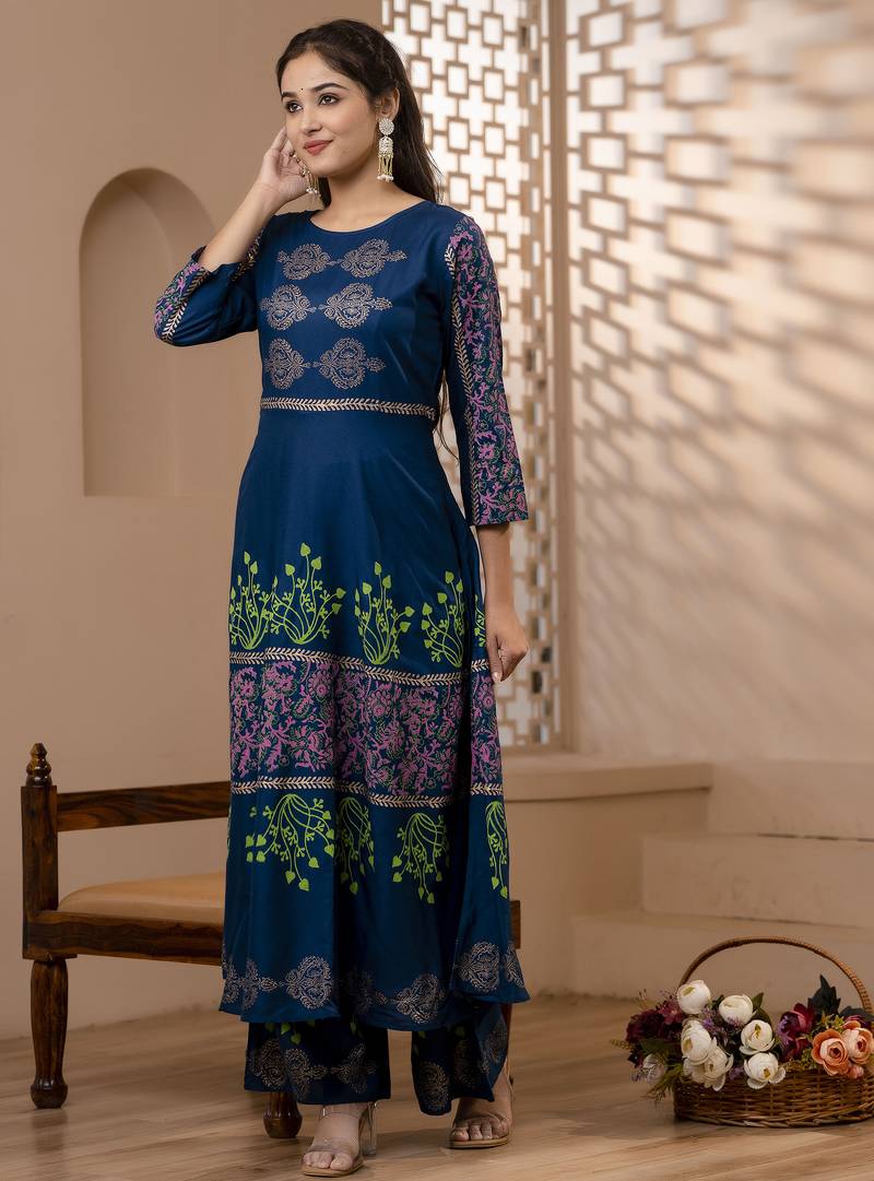 Rayon solid pintucks kurta with gold print palazzo set,blue,(s,m,l,xl,2xl,3xl)
