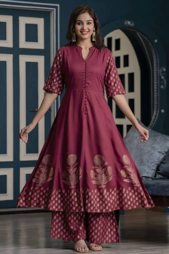 Rayon block print flared anarkali kurta dusty pink