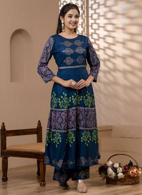 Rayon floral print flared kurta,blue,(s,m,l,xl,2xl,3xl) 2