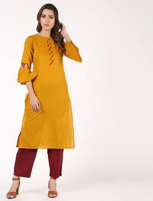 cotton criss-cross bell sleeves straight kurta,mustard,(s,m,l,xl,2xl,3xl) 1