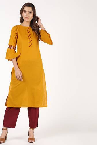 cotton criss-cross bell sleeves straight kurta mustard