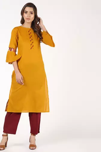 cotton criss-cross bell sleeves straight kurta,mustard,(s,m,l,xl,2xl,3xl)