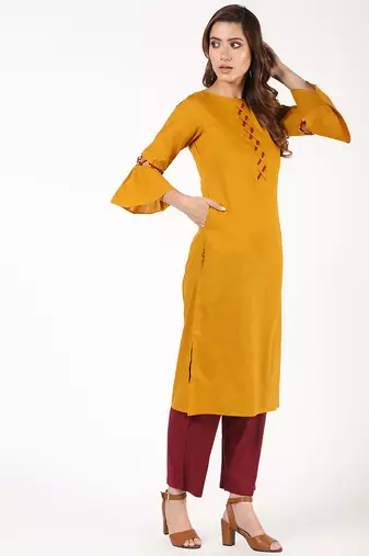 cotton criss-cross bell sleeves straight kurta,mustard,(s,m,l,xl,2xl,3xl)
