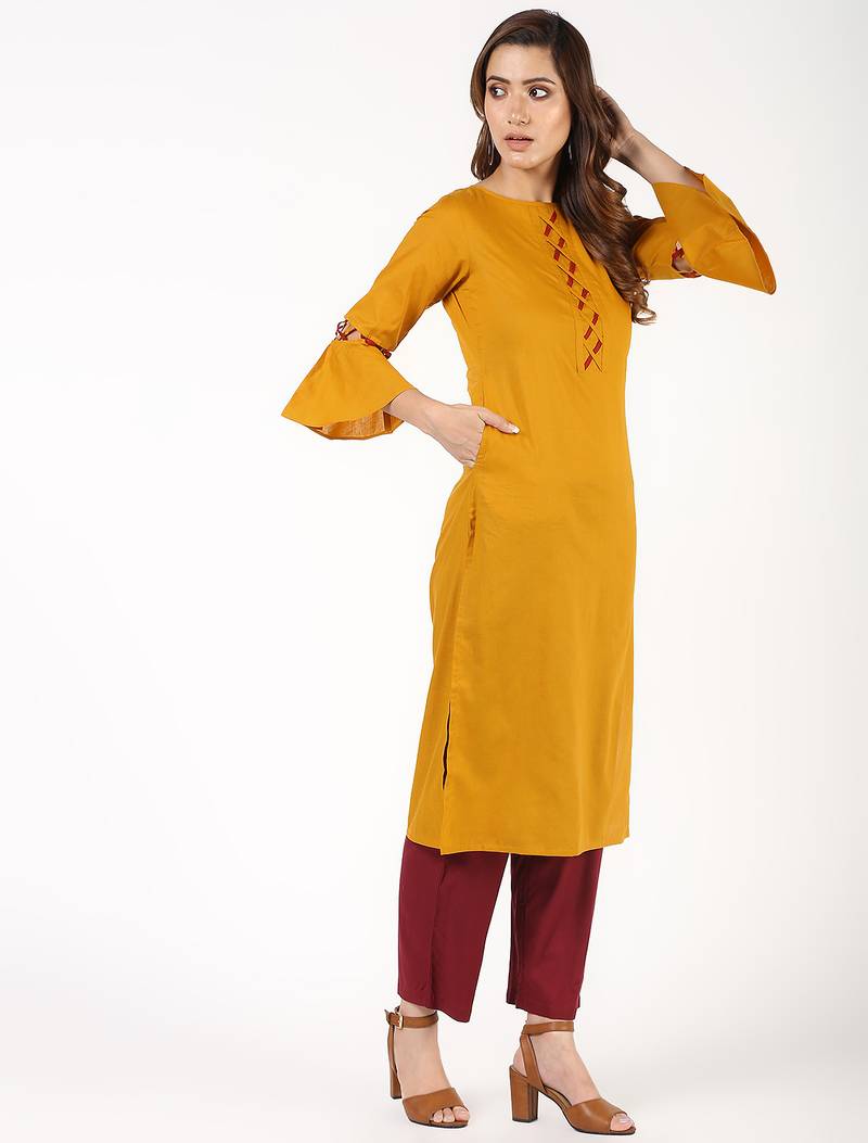 cotton criss-cross bell sleeves straight kurta,mustard,(s,m,l,xl,2xl,3xl)
