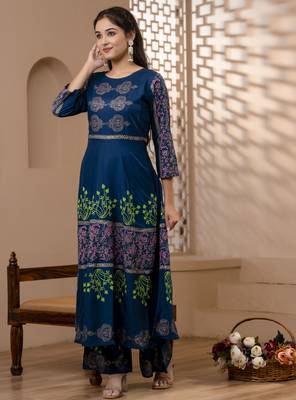 Rayon floral print flared kurta,blue,(s,m,l,xl,2xl,3xl) 3
