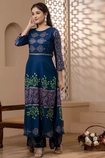Rayon floral print flared kurta,blue,(s,m,l,xl,2xl,3xl)