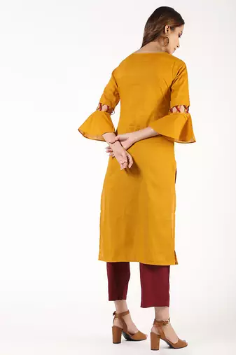 cotton criss-cross bell sleeves straight kurta,mustard,(s,m,l,xl,2xl,3xl)