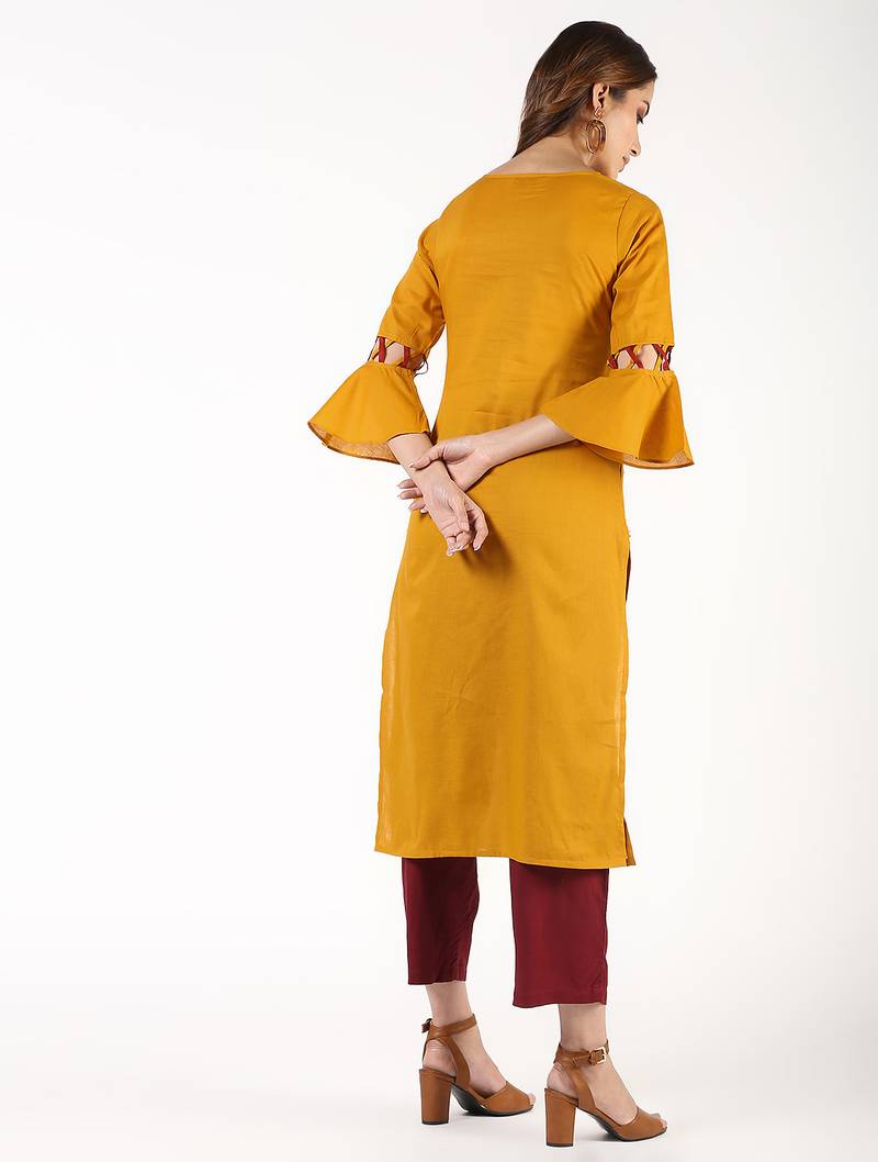 cotton criss-cross bell sleeves straight kurta,mustard,(s,m,l,xl,2xl,3xl)