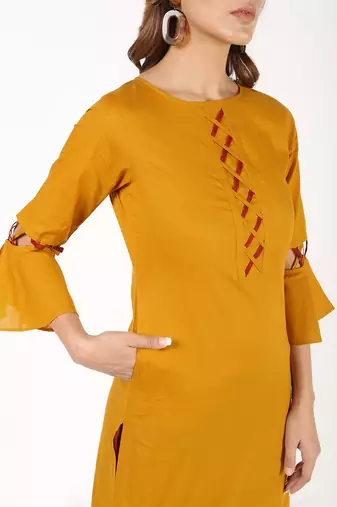 cotton criss-cross bell sleeves straight kurta,mustard,(s,m,l,xl,2xl,3xl)