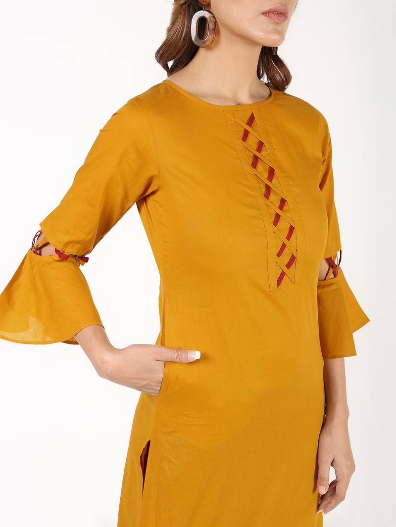 cotton criss-cross bell sleeves straight kurta,mustard,(s,m,l,xl,2xl,3xl)